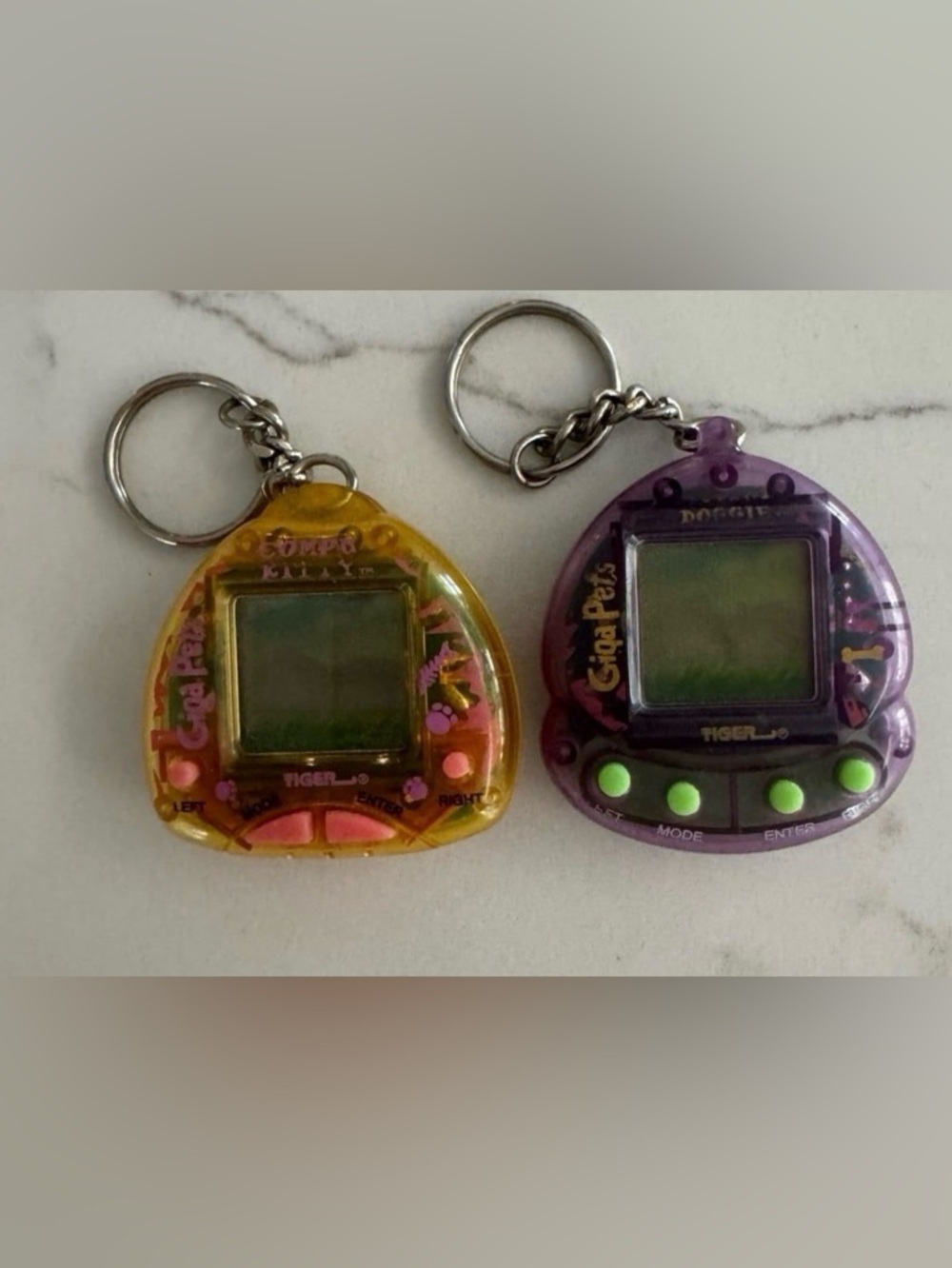 Vintage Tamagotchi-Style Keychain Virtual Pets Duo - Yellow & Purple